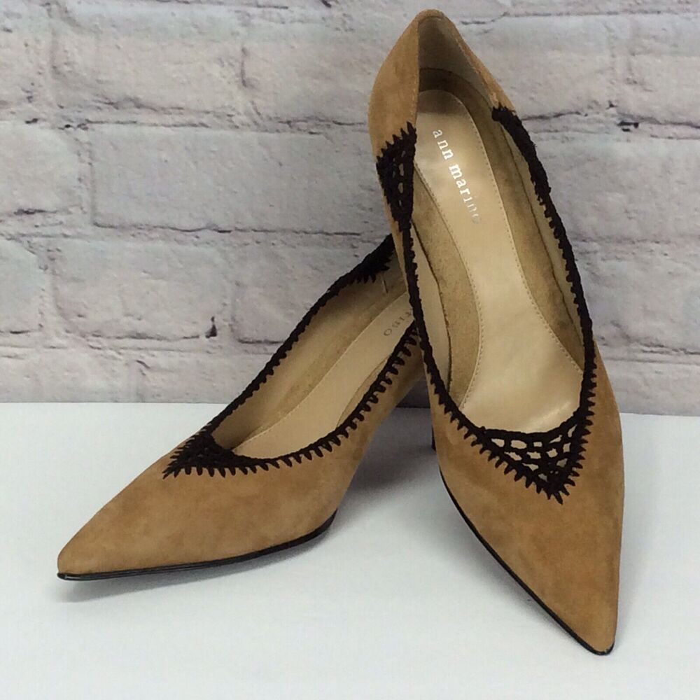 Ann Marino Leather Suede Pump Shoes Womens Size 7.5 Tan/Black Crochet Trim Heels - Picture 11 of 12